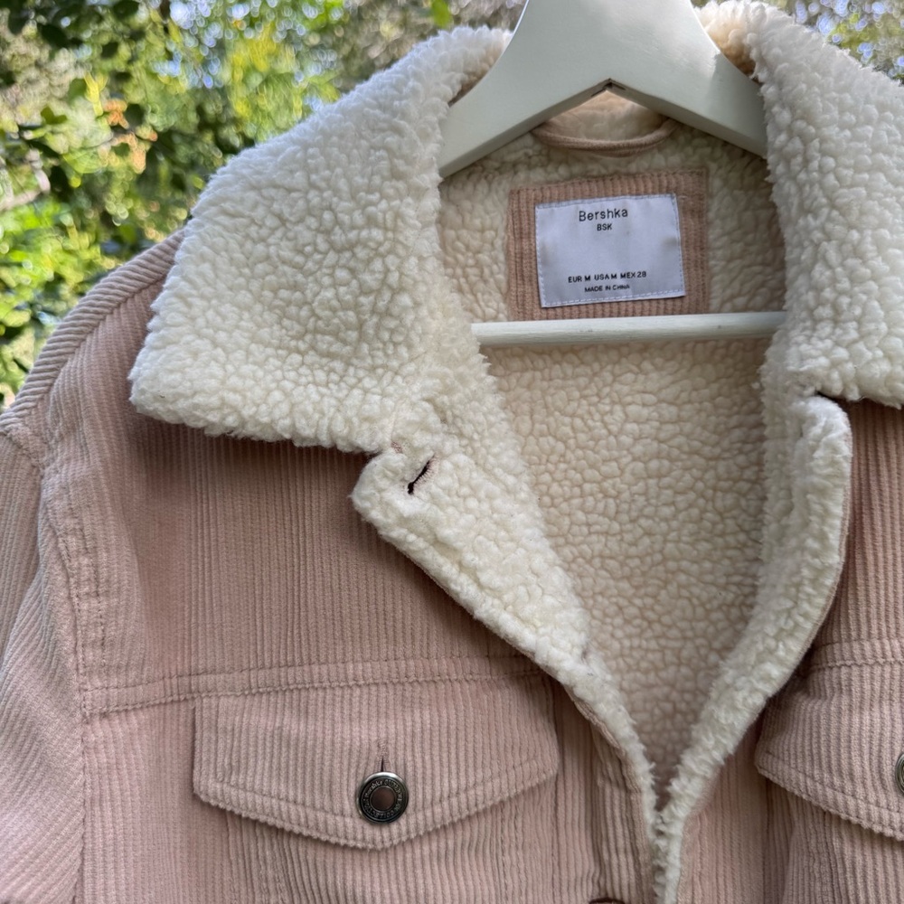 Bershka Blush Corduroy Jacket with Cream Sherpa